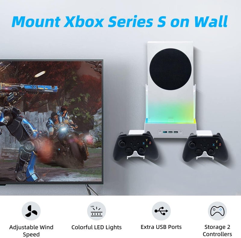 Mcbazel حامل جداري لجهاز Xbox Series S، مجموعة ملحقات الحامل الجداري مع مروحتين تبريد مزدوجتين وضوء RGB، قاعدة قابلة للتعديل بسرعة 3، منافذ USB إضافية، حاملين للتحكم لجهاز Xbox Series S - أبيض - Image 5